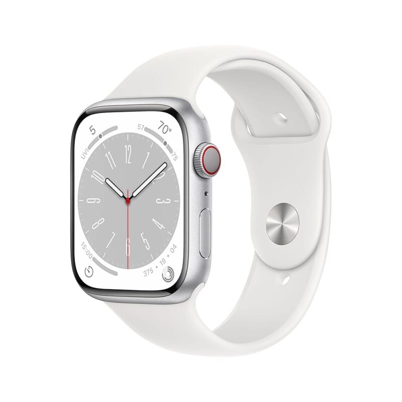 Apple Watch Series 8 [GPS + Cellular, 45mm] - Silver Aluminum Case with White Sport Band, M/L (Renewed)