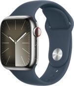 Apple Watch Series 9 [GPS + Cellular 41mm] Smartwatch with Silver Stainless Steel Case with Storm Blue Sport Band S/M. Fitness Tracker, Blood Oxygen & ECG Apps, Always-On Retina...