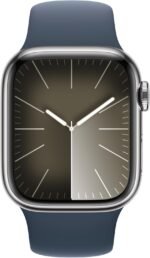 Apple Watch Series 9 [GPS + Cellular 41mm] Smartwatch with Silver Stainless Steel Case with Storm Blue Sport Band S/M. Fitness Tracker, Blood Oxygen & ECG Apps, Always-On Retina...
