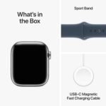 Apple Watch Series 9 [GPS + Cellular 41mm] Smartwatch with Silver Stainless Steel Case with Storm Blue Sport Band S/M. Fitness Tracker, Blood Oxygen & ECG Apps, Always-On Retina...