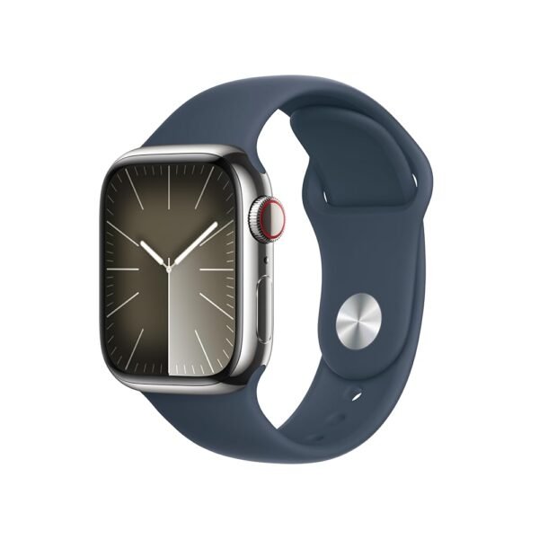 Apple Watch Series 9 [GPS + Cellular 41mm] Smartwatch with Silver Stainless Steel Case with Storm Blue Sport Band S/M. Fitness Tracker, Blood Oxygen & ECG Apps, Always-On Retina...