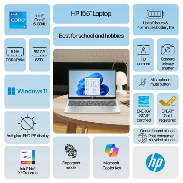 Hp Laptop 15-fd0152wm - Intel Core i5-1335U - 8GB RAM - 512GB SSD - Écran 15 pouces - Empreinte digitale - Windows 11 - Garantie 12 mois