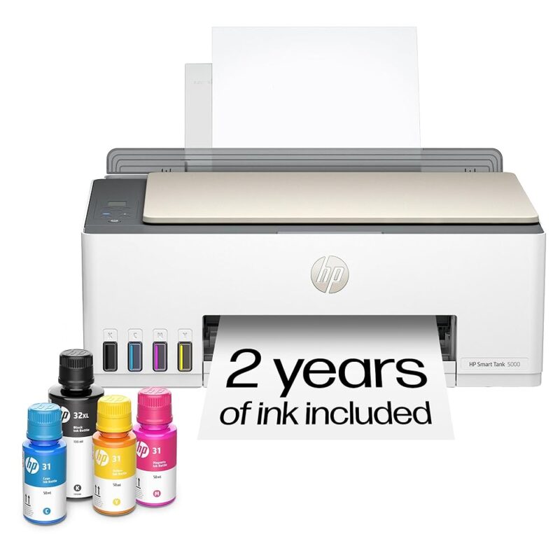 HP Smart Tank 5000 Wireless All-in-One Ink Tank Printer, Scanner, Copier with 2 years of ink included, Best-for-home, Refillable, AI-enabled (5D1B6A)