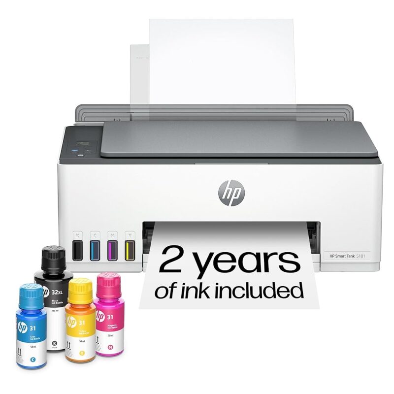 HP Smart Tank 5101 Wireless All-in-One Refillable Ink Tank Printer, Scanner, Copier with 2 years of Ink included, Wireless printer for home use (1F3Y0A)
