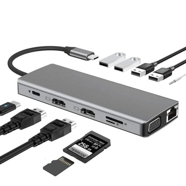 Hub USB 12 en 1 de type C vers HDTV avec 2 ports HDMI ADAPTATEUR DOCKING STATION