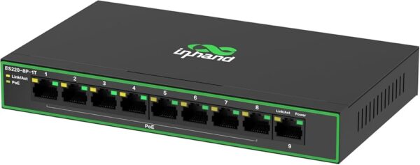 InHand ES220-8P-1T 9-Port High-Power PoE+ Unmanaged Switch | 8 PoE Ports with 120W Total Output | Fanless Metal Case for High-Density CCTV & AP Deployment