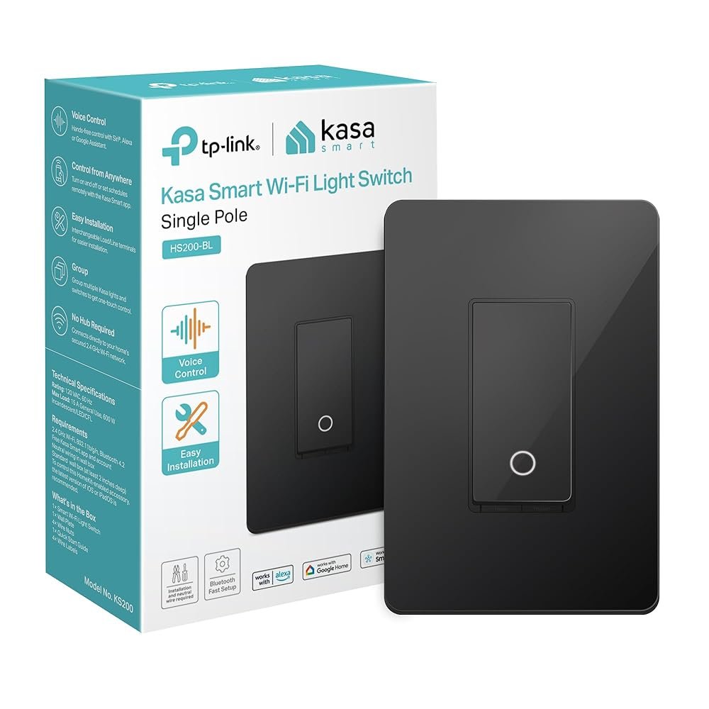 Kasa Smart Light Switch HS200-BL, Single Pole,Neutral Wire Required, 2.4GHz Wi-Fi Light Switch Compatible with Alexa and Google Home, UL Certified, No Hub Required, Black Kasa Smart Light Switch HS200-BL, Single Pole,Neutral Wire Required, 2.4GHz Wi-Fi Light Switch Compatible with Alexa and Google Home, UL Certified, No Hub Required, Black