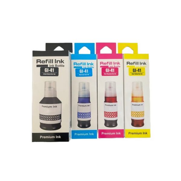 KIT DE RECHARGE D'ENCRE POUR IMPRIMANTE COMPATIBLE CANON PIXMA G2420 / G3420. ( COULEUR GI-41 : NOIRE, BLEU, ROUGE, JAUNE ) BOITE D'ORIGINE