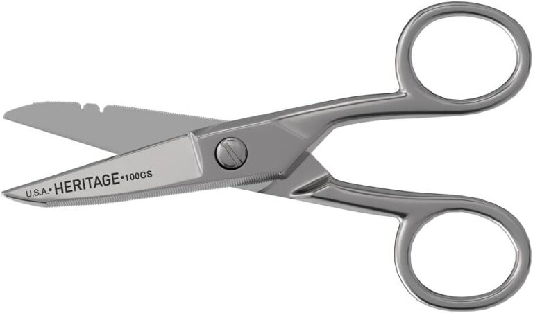 Klein Tools 100CS All-Purpose Precision Scissors, Made in USA, 5.25-Inch Nickel-Plated Snips, Blunt Tip, and Wire Stripping Notches, Multi-Purpose for Professional and Home Usage