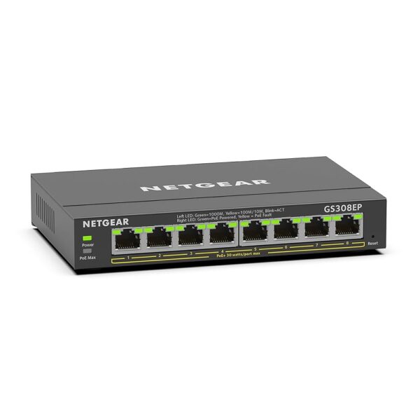 NETGEAR 8 Port PoE Gigabit Ethernet Easy Smart Managed Essentials Switch (GS308EP) - with 8 x PoE+ @ 62W, Desktop or Wall Mount