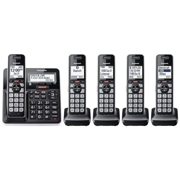 Panasonic Cordless Phone with Advanced Call Block, Link2Cell Bluetooth, One-Ring Scam Alert, and 2-Way Recording with Answering Machine, 5 Handsets - KX-TGF975B (Black with...