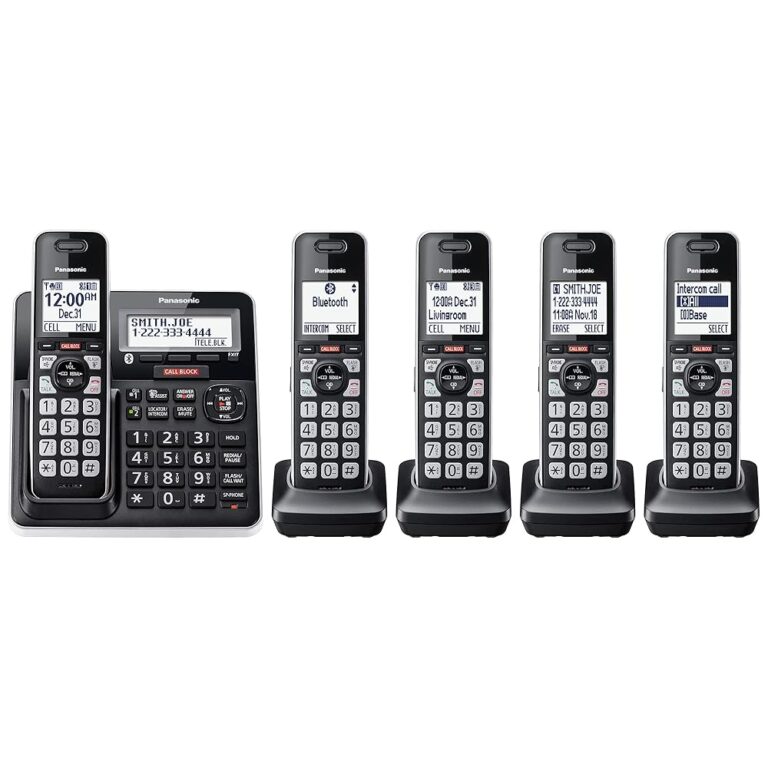 Panasonic Cordless Phone with Advanced Call Block, Link2Cell Bluetooth, One-Ring Scam Alert, and 2-Way Recording with Answering Machine, 5 Handsets - KX-TGF975B (Black with...