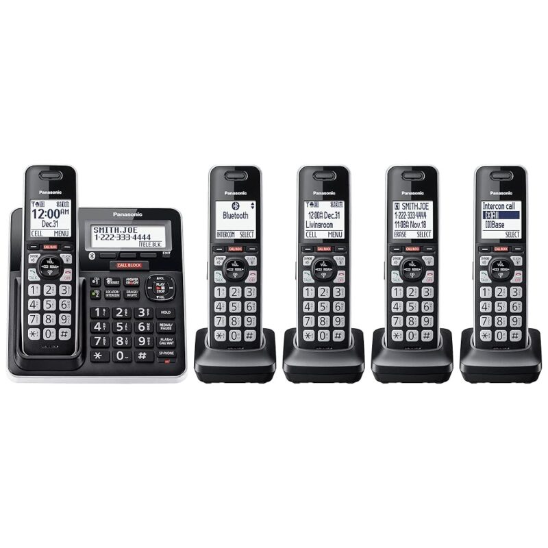 Panasonic Cordless Phone with Advanced Call Block, Link2Cell Bluetooth, One-Ring Scam Alert, and 2-Way Recording with Answering Machine, 5 Handsets - KX-TGF975B (Black with...