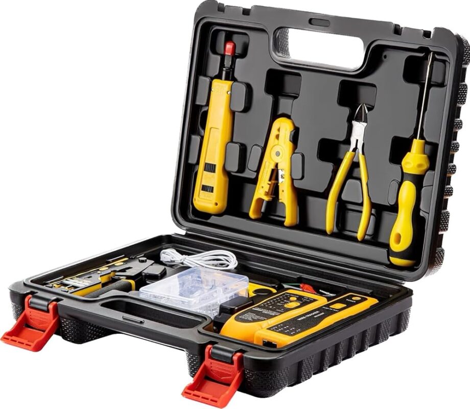 Pass Through RJ45 Crimp Tool Kit, Network Tool Kit, Ethernet Crimper Cat6 Cat5e Cat5 Crimping Tool with Wire Tracker, 110/88 Punchdown Tool, Cat6 Pass Through Connectors, Wire...