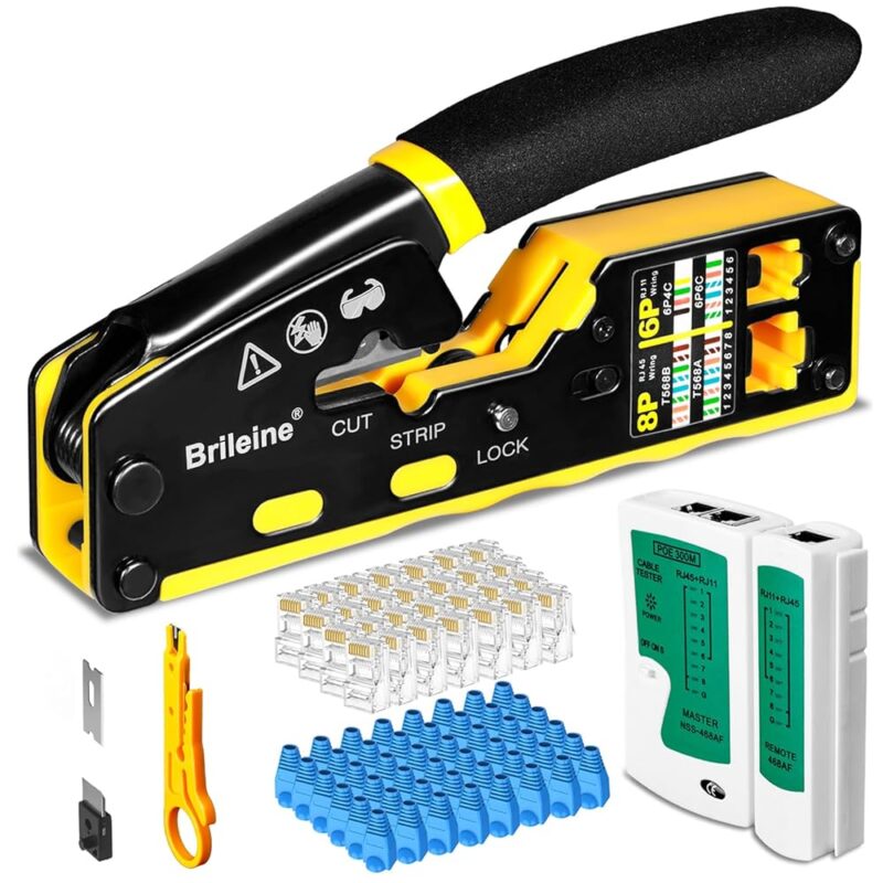 RJ45 Crimp Tool Pass Through Kit Ethernet Crimper Cat5 Cat5e Cat6 Crimping Tool for RJ11/RJ12 6P/8P with Network Lan Cable Tester, 50PCS Cat6 Connectors, 50PCS Boots, Mini Cable...