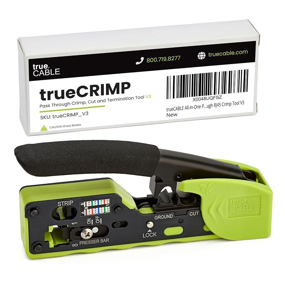 trueCABLE Crimp Tool for Pass Through RJ45 - All-in-One Ethernet Crimper, Cutter, Stripper - Works with Cat5e, Cat6, Cat6A Shielded and Unshielded Connectors trueCABLE Crimp Tool for Pass Through RJ45 - All-in-One Ethernet Crimper, Cutter, Stripper - Works with Cat5e, Cat6, Cat6A Shielded and Unshielded Connectors