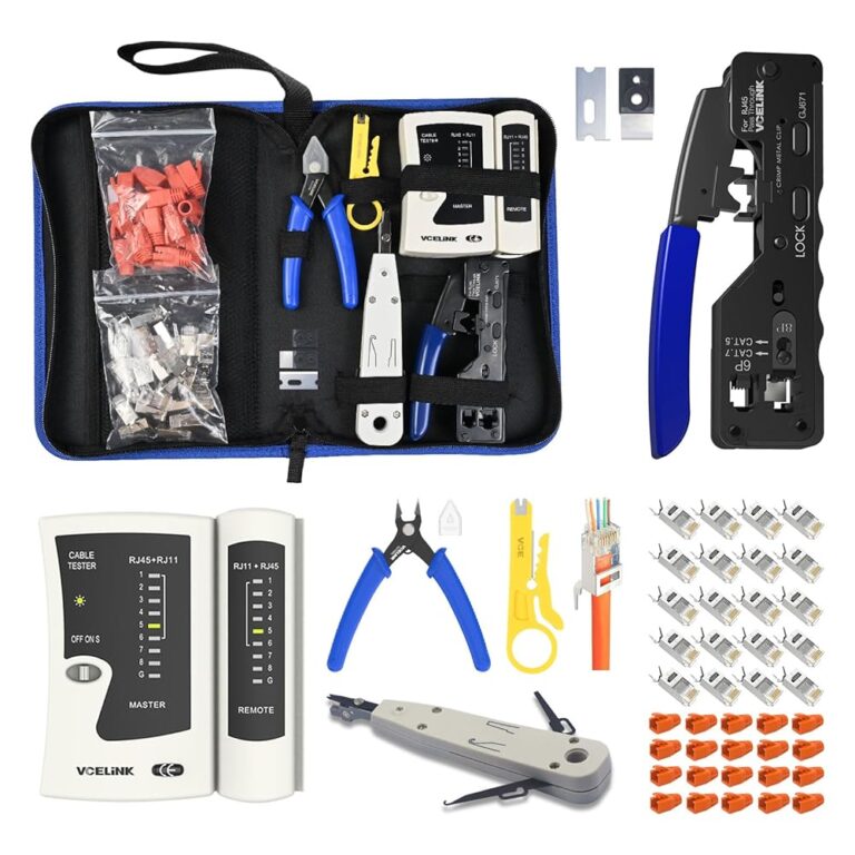 VCELINK RJ45 Crimp Tool, All-In-One Ethernet Pass Through Crimper for CAT7 CAT6A CAT6 CAT5e CAT5 Ethernet Connectors by Screw Adjustment (Kit-with Punch down Tool)