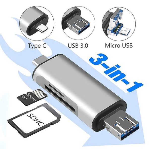 5 in 1 Card Reader, USB-A, Micro USB, Type-C Combo to 2-Slot TF, SD Card Reader OTG Card Adapter Compatible with Smartphone, Laptop, PC, Fast Transfer