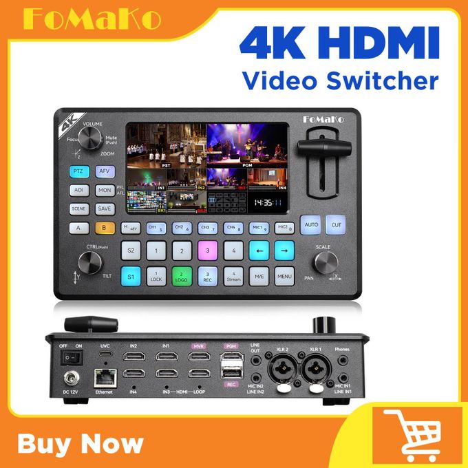 FOMAKO KC602 4K HDMI Video Mixer Switcher, 5.5 Inch FHD LCD Screen, 4-Ch HDMI Live Streaming Switcher, 4K 60FPS Input, 1080p 60FPS Output, Support PTZ Controller