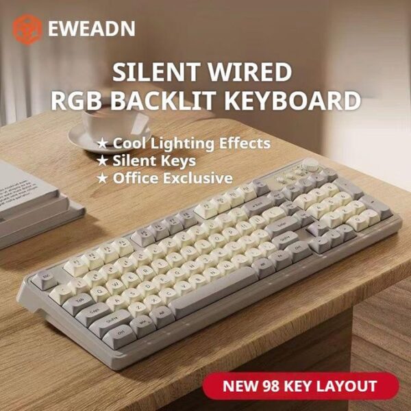 G98 Wired silent keyboard with colorful lights, 98 key layout, mechanical feel-Grey