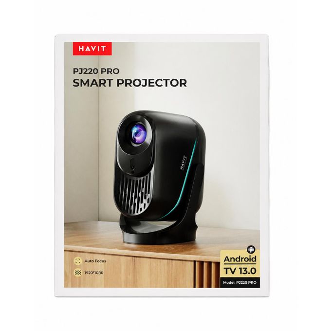Standard Havit PJ220 Pro Smart Projector - Android TV 13.0, 1920x1080 Resolution, Auto Focus