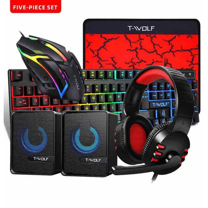 T-WOLF TF800 five-piece Gaming Combo 104 Keys Keyboard 4-color Breathing Light Mouse 3.5mm Gaming Headset Anti-slip Mouse Pad and