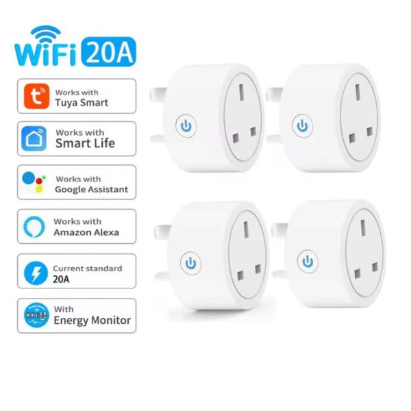 Tuya 20A Smart Socket WiFi UK Smart Plug 3pin Adapter Home Alexà Voice Control Energy Monitoring Function Power Outlet Set