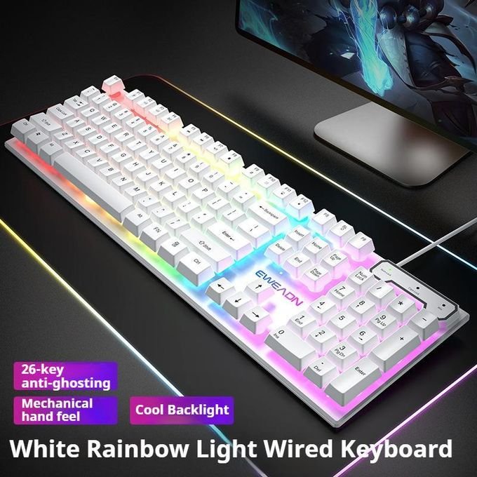 GX30 wired backlit keyboard Cool backlight Ergonomic design Waterproof and dustproof Used for office and games-White rainbow light