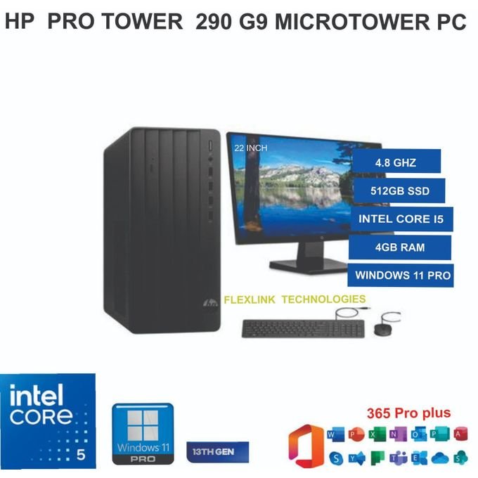 Hp Pro Tower 290 G9 – Intel Core i5 13th Gen up to 4.3GHz, 4GB RAM, 512GB SSD, 22” Monitor, WLAN, Bluetooth