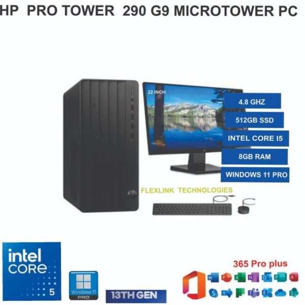 Hp Pro Tower 290 G9 – Intel Core i5 13th Gen up to 4.3GHz, 8GB RAM, 512GB SSD, 22” Monitor, WLAN, Bluetooth