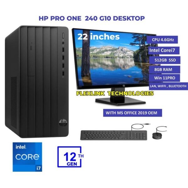 Hp Pro Tower 290 G9, Intel Core i7 12th Gen, Windows 11 Pro, 8GB RAM, 512GB SSD, WLAN, Bluetooth + 22-Inch Monitor (9H696ET) – 1 Year Warranty