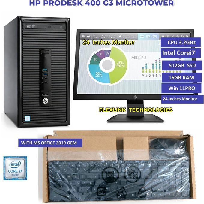 Hp ProDesk 400 G3 Microtower PC - Intel Core i7 - 16GB RAM - 512GB SSD - Windows 11 Pro + 24 Monitor - Blac