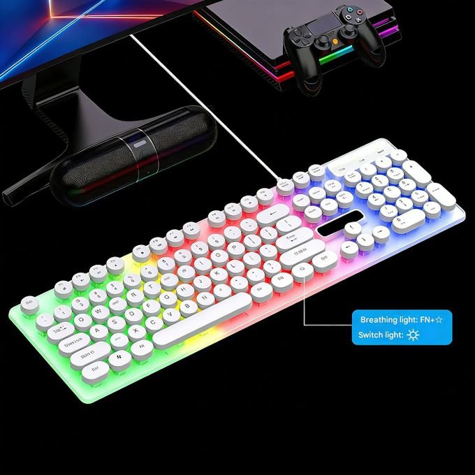 OIPETLUCK Typewriter Style Wired Keyboard, Rainbow LED Backlit, Round Keys, Anti-ghosting, Spill Resistant, Light Up USB Wired Retro 104 Keys for Office/Gaming, White