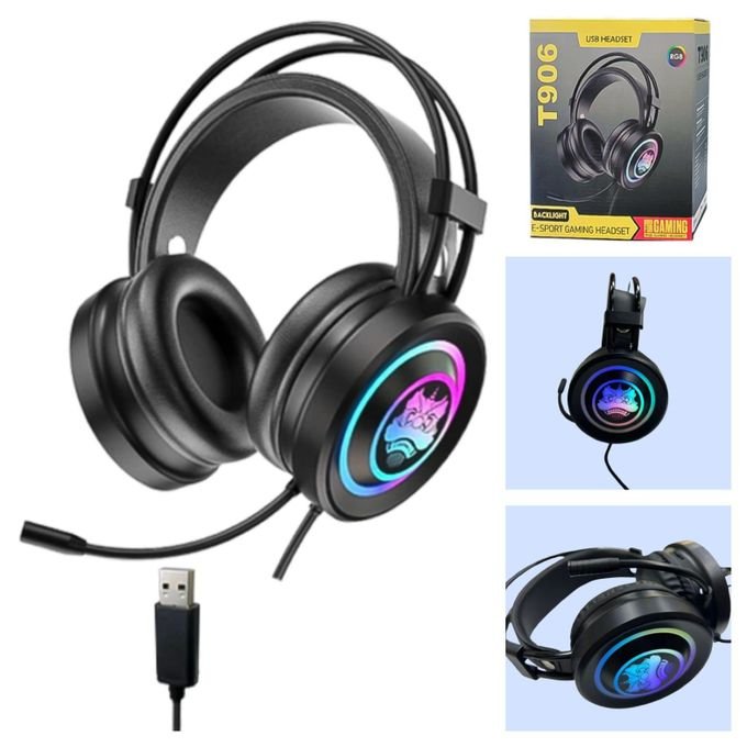 T906 RGB Headset Mic Wired Audio Noise Control Headphones Gaming USB